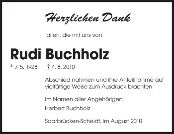 Todesanzeige von Rudi Buchholz von SAARBRÜCKER ZEITUNG