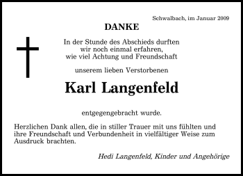 Todesanzeige von Karl Langenfeld von SAARBRÜCKER ZEITUNG