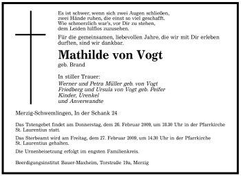 Todesanzeige von Mathilde von Vogt von SAARBRÜCKER ZEITUNG