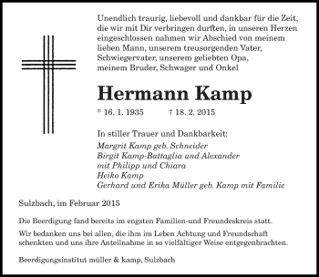 Todesanzeige von Hermann Kamp von saarbruecker_zeitung