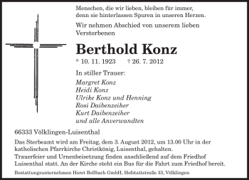 Todesanzeige von Berthold Konz von SAARBRÜCKER ZEITUNG