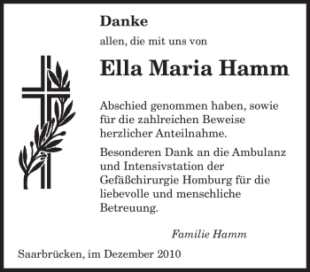 Todesanzeige von Ella Maria Hamm von SAARBRÜCKER ZEITUNG