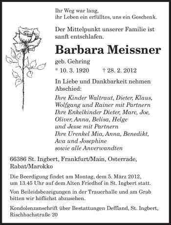 Todesanzeige von Barbara Meissner von SAARBRÜCKER ZEITUNG
