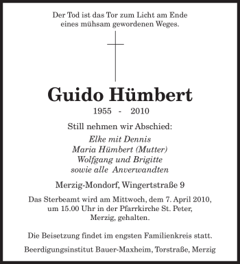 Todesanzeige von Guido Hümbert von SAARBRÜCKER ZEITUNG
