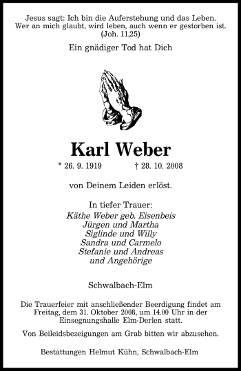 Todesanzeige von Karl Weber von SAARBRÜCKER ZEITUNG