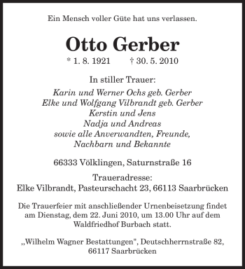 Todesanzeige von Otto Gerber von SAARBRÜCKER ZEITUNG
