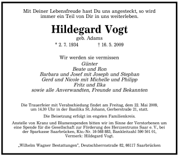 Todesanzeige von Hildegard Vogt von SAARBRÜCKER ZEITUNG