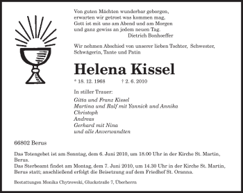 Todesanzeige von Helena Kissel von SAARBRÜCKER ZEITUNG