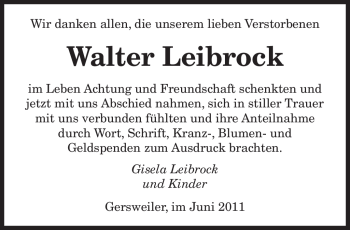 Todesanzeige von Walter Leibrock von SAARBRÜCKER ZEITUNG
