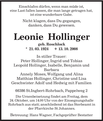 Todesanzeige von Leonie Hollinger von SAARBRÜCKER ZEITUNG