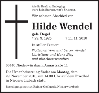 Todesanzeige von Hilde Wendel von SAARBRÜCKER ZEITUNG