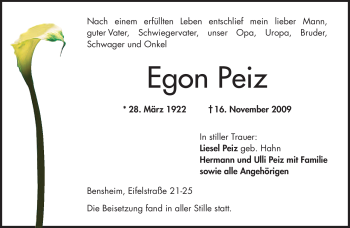 Todesanzeige von Egon Peiz von SAARBRÜCKER ZEITUNG