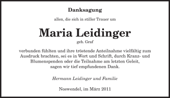Todesanzeige von Maria Leidinger von SAARBRÜCKER ZEITUNG