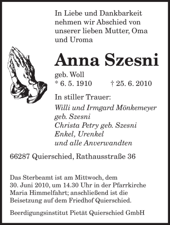 Todesanzeige von Anna Szesni von SAARBRÜCKER ZEITUNG