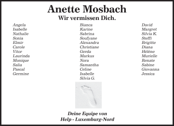 Todesanzeige von Anette Mosbach von SAARBRÜCKER ZEITUNG