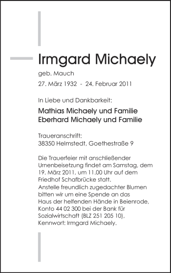 Todesanzeige von Irmgard Michaely von SAARBRÜCKER ZEITUNG