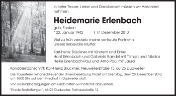Todesanzeige von Heidemarie Erlenbach von SAARBRÜCKER ZEITUNG