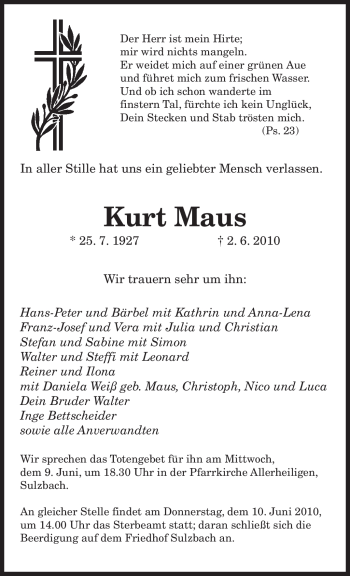 Todesanzeige von Kurt Maus von SAARBRÜCKER ZEITUNG