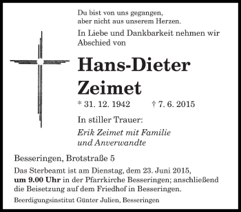 Todesanzeige von Hans-Dieter Zeimet von saarbruecker_zeitung