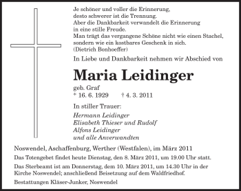 Todesanzeige von Maria Leidinger von SAARBRÜCKER ZEITUNG