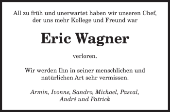 Todesanzeige von Eric Wagner von SAARBRÜCKER ZEITUNG