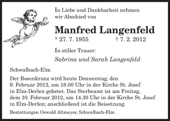 Todesanzeige von Manfred Langenfeld von SAARBRÜCKER ZEITUNG