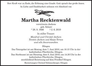 Todesanzeige von Martha Recktenwald von SAARBRÜCKER ZEITUNG