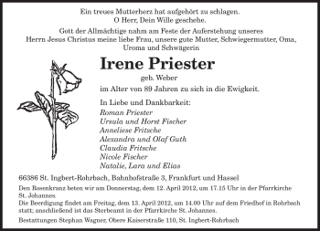 Todesanzeige von Irene Priester von SAARBRÜCKER ZEITUNG