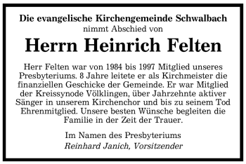 Todesanzeige von Heinrich Felten von SAARBRÜCKER ZEITUNG
