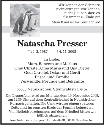 Todesanzeige von Natascha Presser von SAARBRÜCKER ZEITUNG