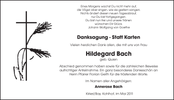 Todesanzeige von Hildegard Bach von SAARBRÜCKER ZEITUNG