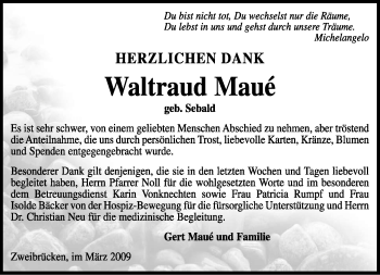 Todesanzeige von Waltraud Maué von SAARBRÜCKER ZEITUNG