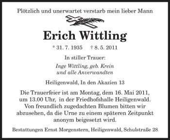 Todesanzeige von Erich Wittling von SAARBRÜCKER ZEITUNG