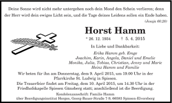 Todesanzeige von Horst Hamm von saarbruecker_zeitung