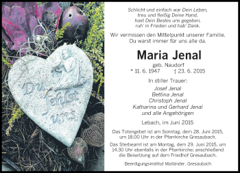 Todesanzeige von Maria Jenal von saarbruecker_zeitung