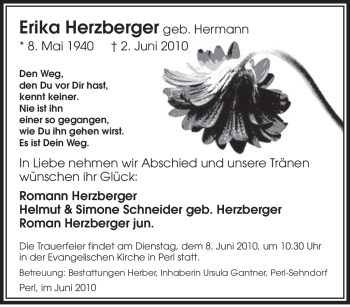 Todesanzeige von Erika Herzberger von SAARBRÜCKER ZEITUNG