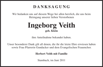 Todesanzeige von Ingeborg Veith von SAARBRÜCKER ZEITUNG