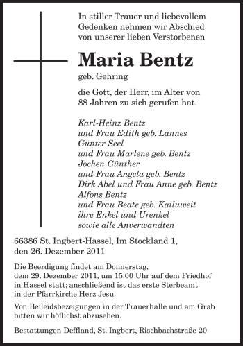 Todesanzeige von Maria Bentz von SAARBRÜCKER ZEITUNG