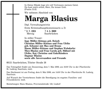 Todesanzeige von Marga Blasius von SAARBRÜCKER ZEITUNG