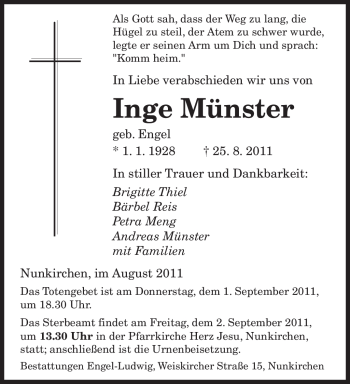 Todesanzeige von Inge Münster von SAARBRÜCKER ZEITUNG