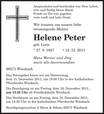 Todesanzeige von Helene Peter von SAARBRÜCKER ZEITUNG