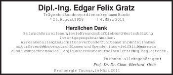 Todesanzeige von Edgar Felix Gratz von SAARBRÜCKER ZEITUNG