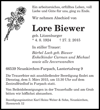 Todesanzeige von Lore Biewer von saarbruecker_zeitung