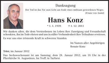 Todesanzeige von Hans Konz von SAARBRÜCKER ZEITUNG