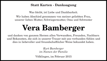 Todesanzeige von Vera Bamberger von saarbruecker_zeitung