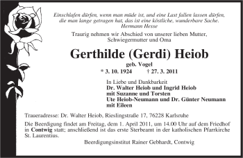 Todesanzeige von Gerthilde Heiob von SAARBRÜCKER ZEITUNG