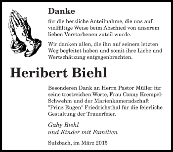 Todesanzeige von Heribert Biehl von saarbruecker_zeitung