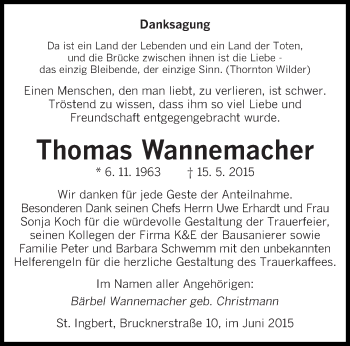 Todesanzeige von Thomas Wannemacher von saarbruecker_zeitung