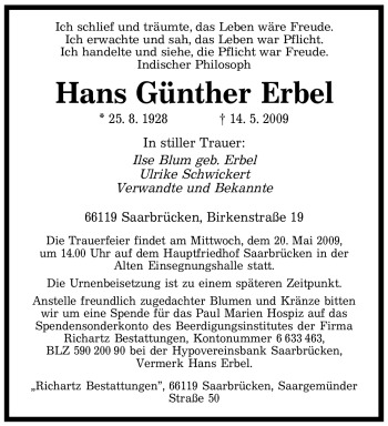 Todesanzeige von Hans Günther Erbel von SAARBRÜCKER ZEITUNG