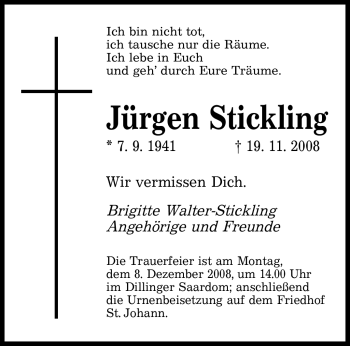 Todesanzeige von Jürgen Stickling von SAARBRÜCKER ZEITUNG